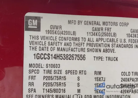 2003 Chevrolet S-10 Ls from USA, damaged, VIN 1GCCS14H538267556